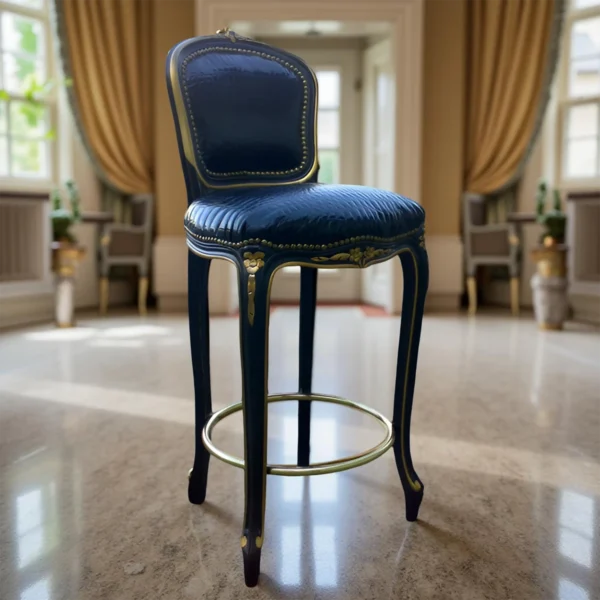 Sgabello da Bar in pelle nera con struttura in legno