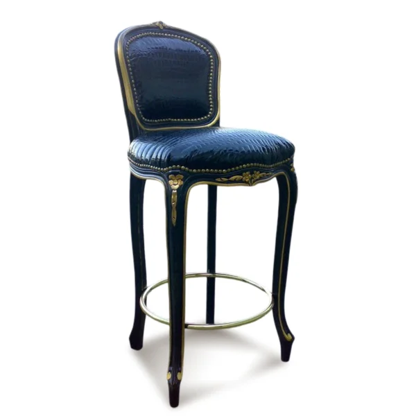 Sgabello da Bar in pelle nera con struttura in legno