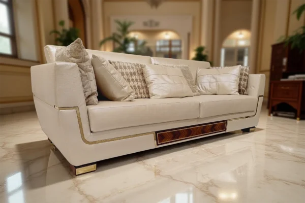 Luxurious handcrafted Italian sofa in elegant wood and leather, designed for exclusive villa interiors.
