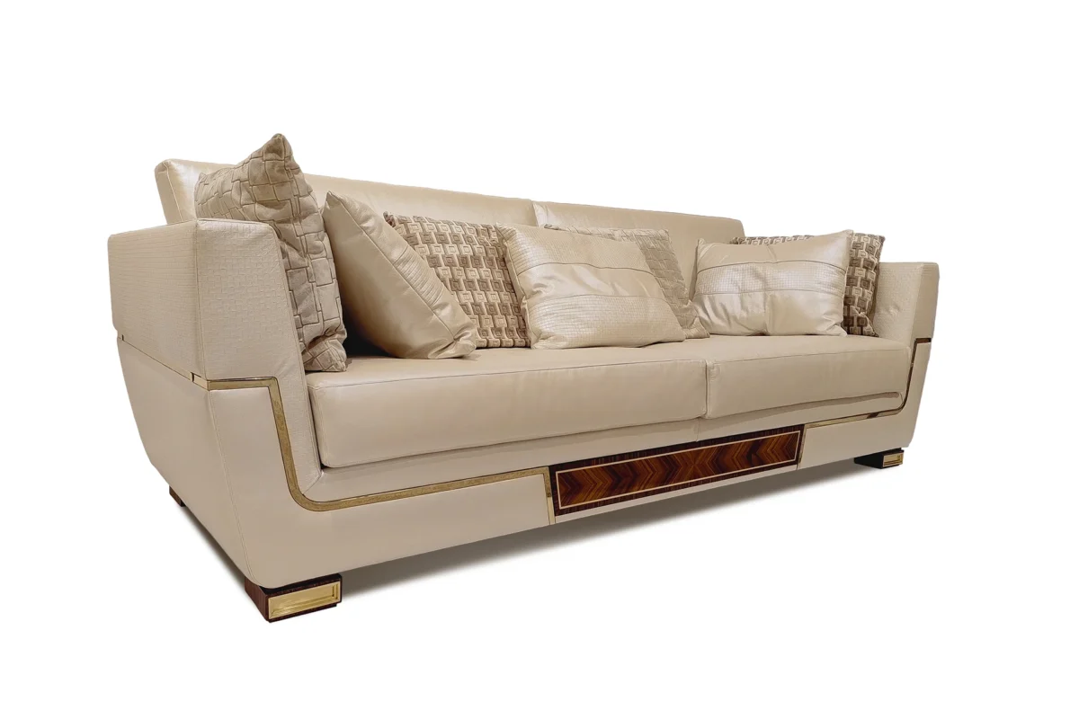 Luxurious handcrafted Italian sofa in elegant wood and leather, designed for exclusive villa interiors.