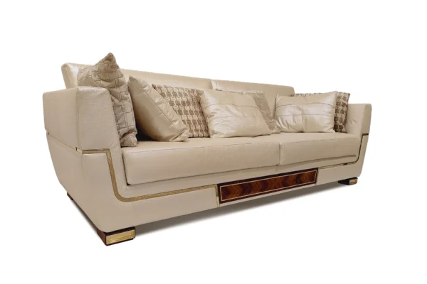 Luxurious handcrafted Italian sofa in elegant wood and leather, designed for exclusive villa interiors.