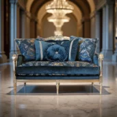 Divano di lusso stile barocco in velluto blu con struttura artigianale intagliata e cuscini decorativi, perfetto per ambienti eleganti.