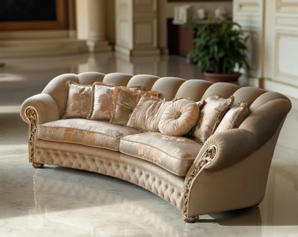 Divano curvo beige di lusso con dettagli ornamentali e cuscini floreali, ambientato in un interno classico ed elegante.