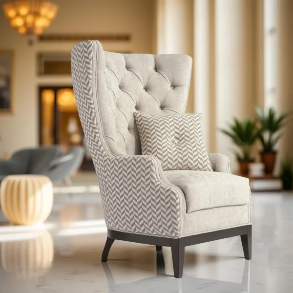 Luxury high-back armchair with tufted backrest and herringbone patterned armrests, perfect for refined interiors
