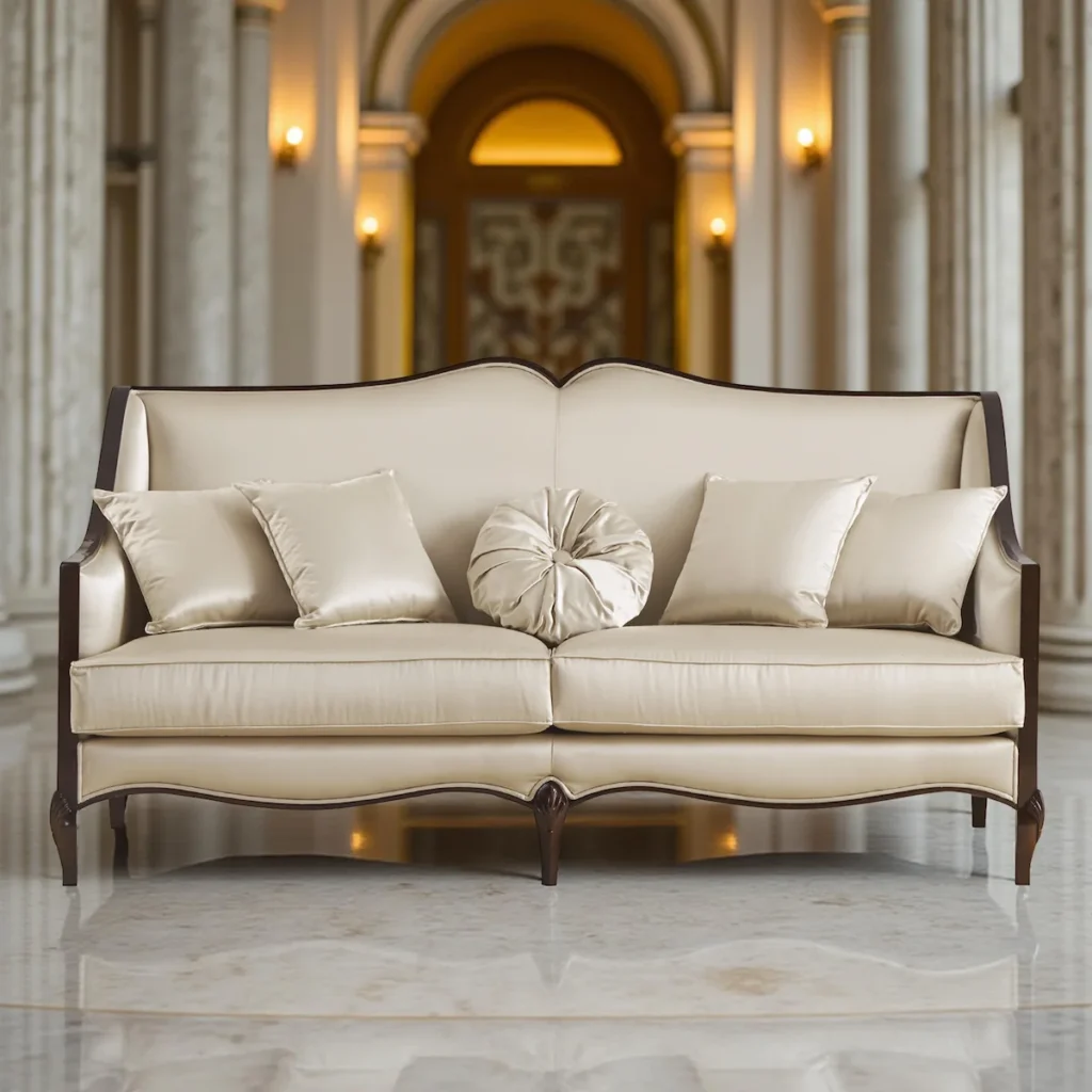 Three-seater classic sofa in carved wood with ivory silk upholstery – FLORA collection by Marzorati