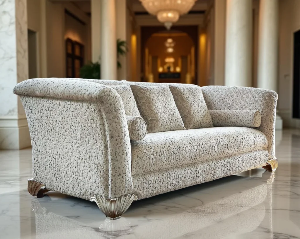 Elegantes Luxusssofa mit abgerundeten Armlehnen und goldenen Muscheldetails