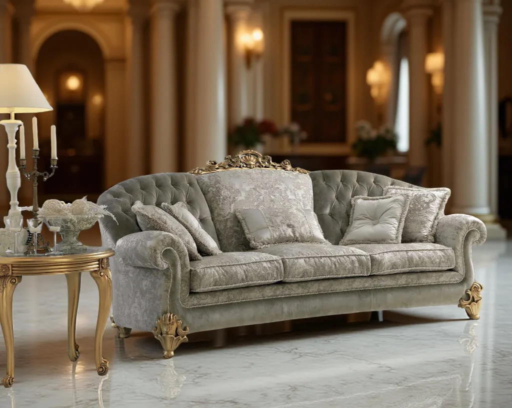 Luxus-Dreisitzer im klassischen Barockstil mit floralen Damaststoff und vergoldeten, geschnitzten Details.