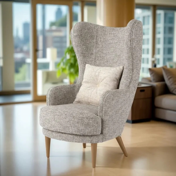 Modern grey fabric armchair with high back and cushion, ideal for luxury living room
