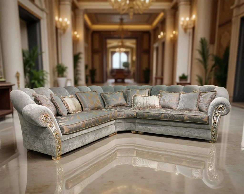 Luxus-Ecksofa aus hellgrauem Samt mit goldenen Akzenten und Zierkissen, platziert in einem prunkvollen klassischen Interieur.
