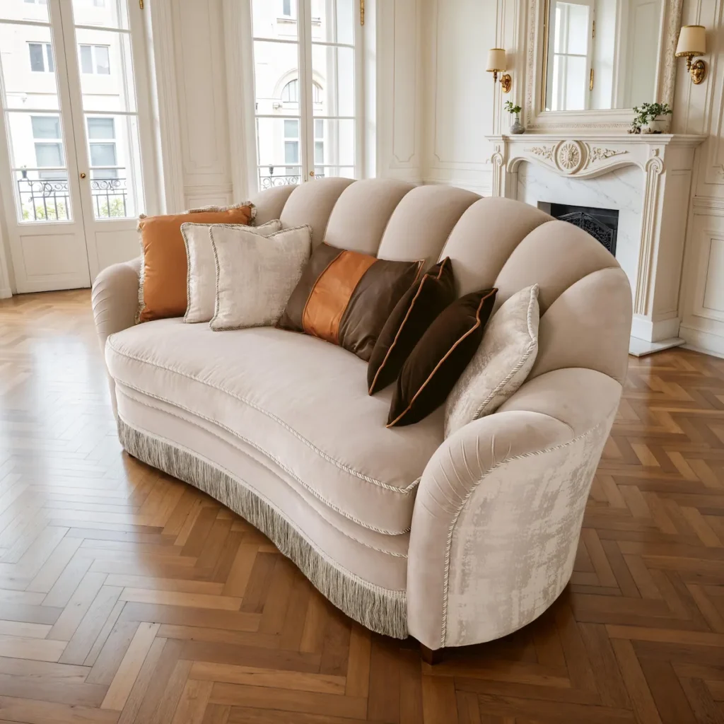 Champagne velvet curved sofa with scalloped shell back, rope piping and bullion fringe, Art Deco-inspired.