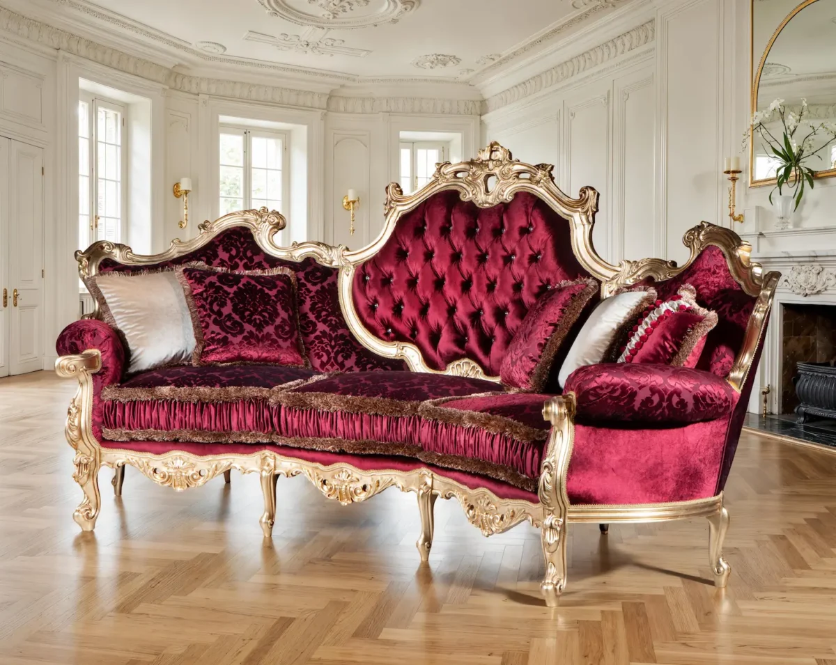 Divano barocco di lusso con intagli dorati e rivestimento in velluto rosso, perfetto per ambienti eleganti
