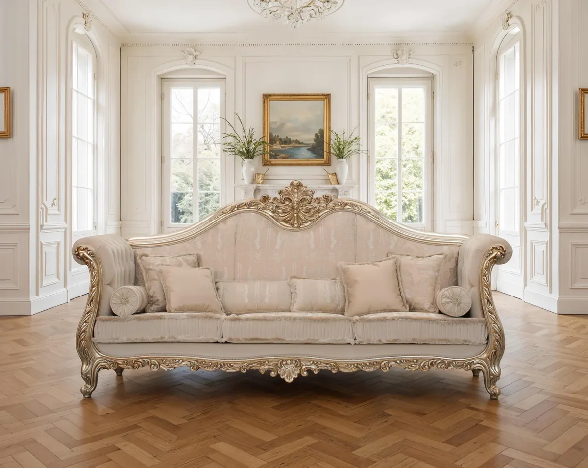 Barockstil-Sofa mit goldenen Schnitzereien und cremefarbener Polsterung in einem klassischen eleganten Wohnzimmer