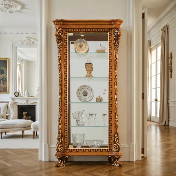 Vetrina di lusso in legno lucidato con intagli classici e dettagli dorati, ante in vetro, schienale specchiato e ripiani in vetro; ideale per salotto e sala da pranzo.
