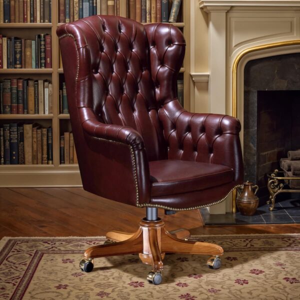 Burgundy leather executive office chair with tufted back and arms, wingback silhouette, wooden swivel base on casters and nailhead trim – Marzorati