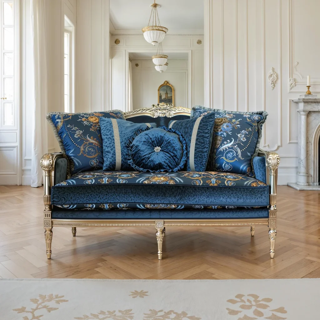 Divanetto classico in velluto blu scuro con cornice dorata, cuscini decorati e motivi floreali