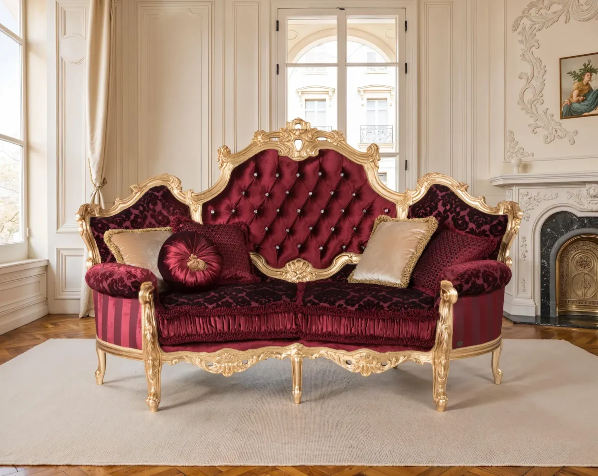 Divano barocco di lusso con intagli dorati e rivestimento in velluto rosso, perfetto per ambienti eleganti