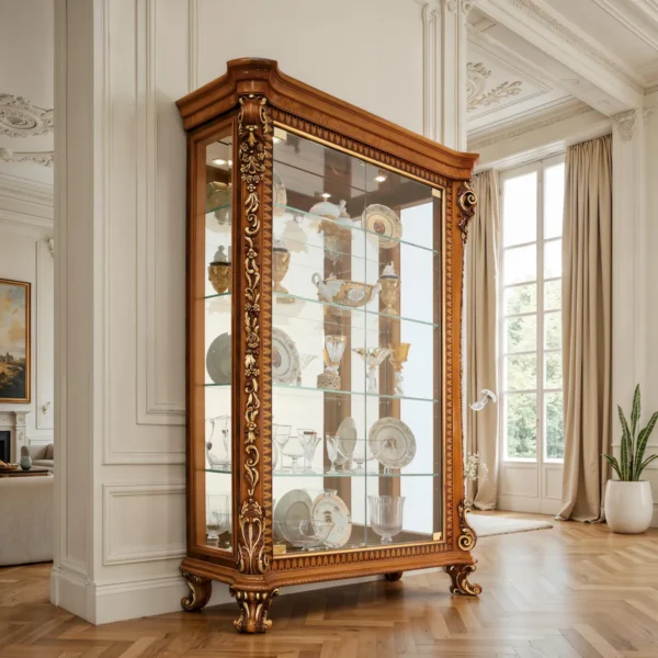 Vetrina di lusso in legno lucidato con intagli classici e dettagli dorati, ante in vetro, schienale specchiato e ripiani in vetro; ideale per salotto e sala da pranzo.
