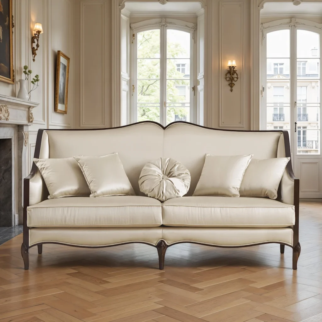 Divano classico di lusso con struttura in legno scuro a vista e rivestimento in seta color crema, completo di cuscini decorativi, per un salotto elegante.