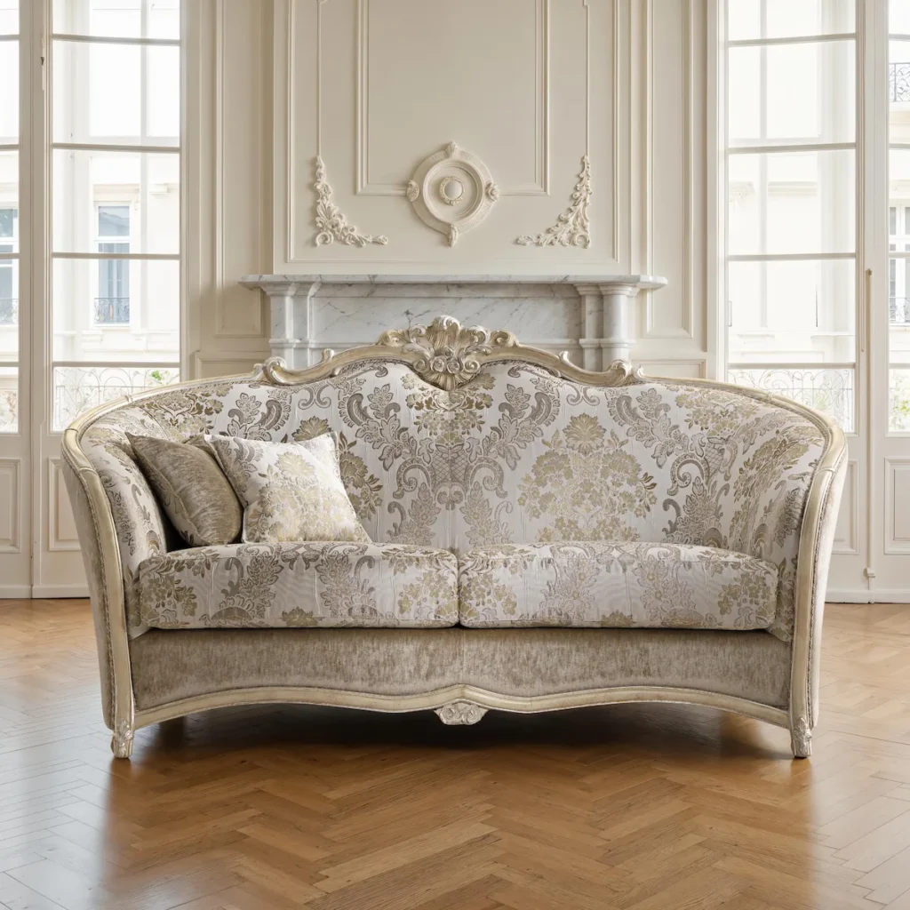 Divano classico di lusso con struttura sagomata, dettagli dorati e rivestimento damascato crema, ideale per ambienti raffinati