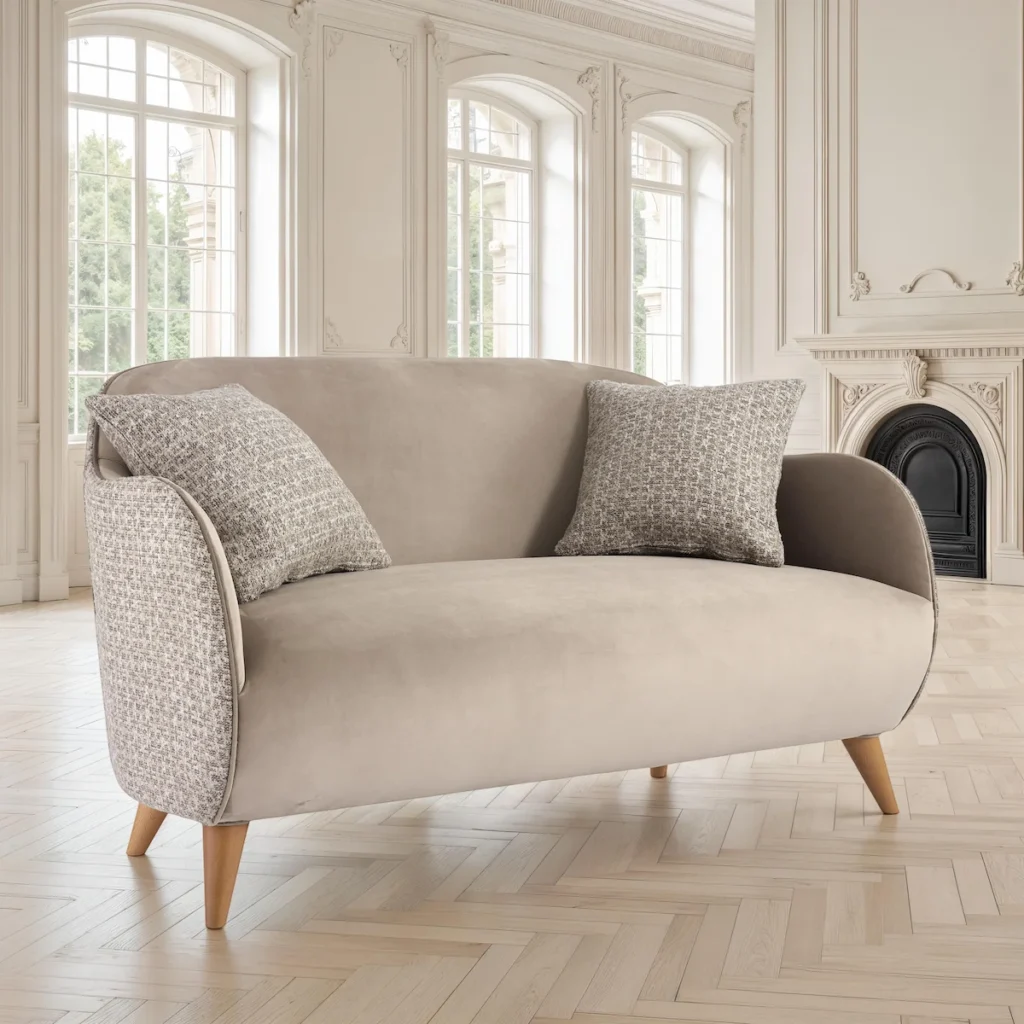 Luxury modern beige fabric sofa with wooden legs, ideal for elegant living rooms