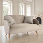 Luxury modern beige fabric sofa with wooden legs, ideal for elegant living rooms
