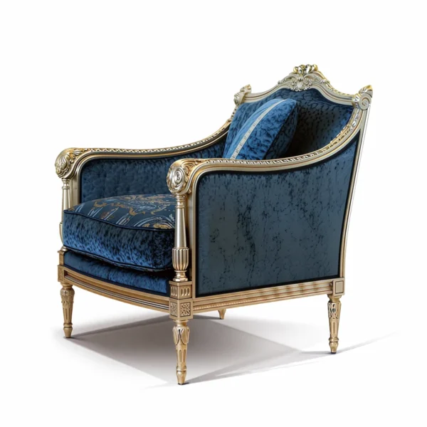 Classic blue velvet armchair with gold frame and ornate decorations