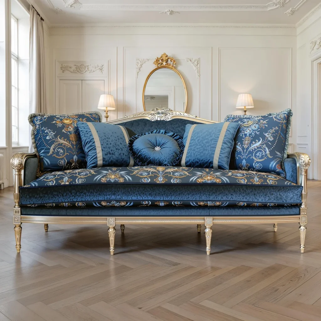 Divano classico in velluto blu scuro con cornice dorata, cuscini decorati e motivi floreali