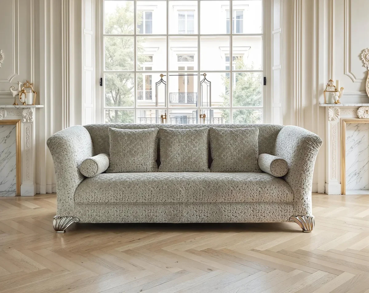 Divano classico con rivestimento floreale color crema e piedini intagliati a forma di conchiglia in un elegante ambiente luminoso