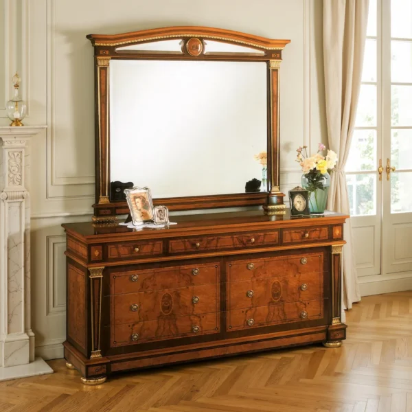 Neoclassical fine-wood dresser with arched mirror, drawers, fluted pilasters and gilded accents
