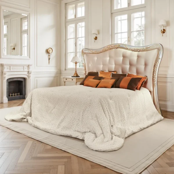 Кровать king size из перламутрового бархата с изогнутым капитонным изголовьем и резной рамой в серебре и золоте, бронзовые подушки.