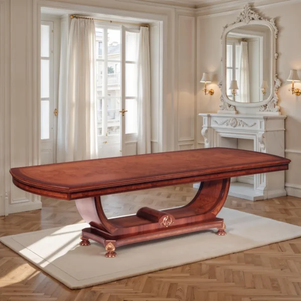 Luxury polished wood rectangular dining table with rounded ends, sculptural U-shaped pedestal and gold-tipped feet in an elegant classic room.