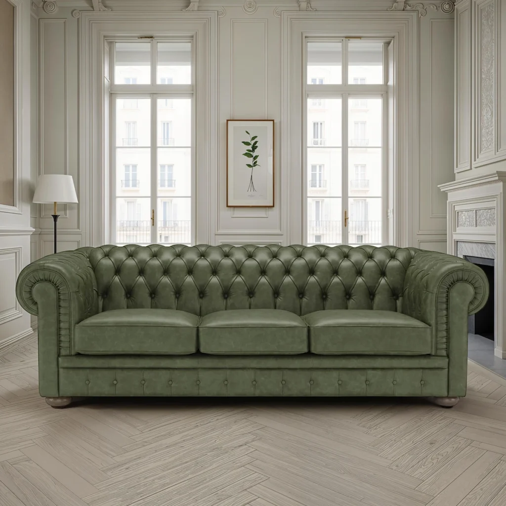 Luxury green leather Chesterfield sofa, classic design for elegant living rooms