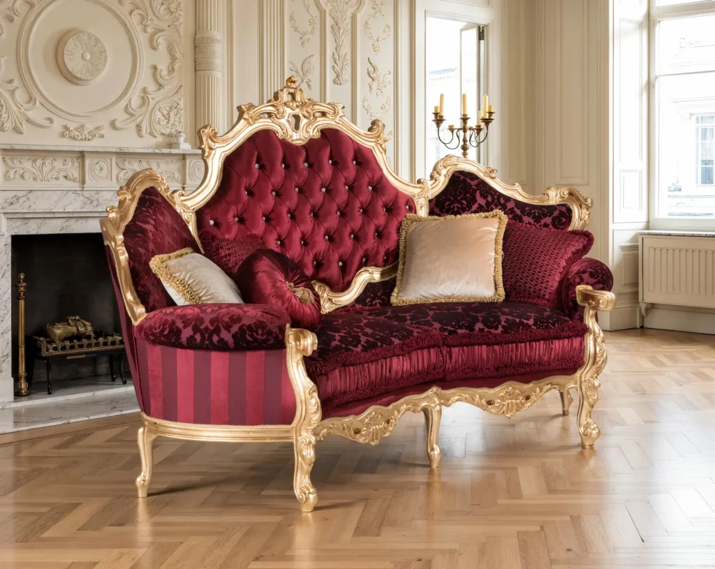 Divano barocco di lusso con intagli dorati e rivestimento in velluto rosso, perfetto per ambienti eleganti