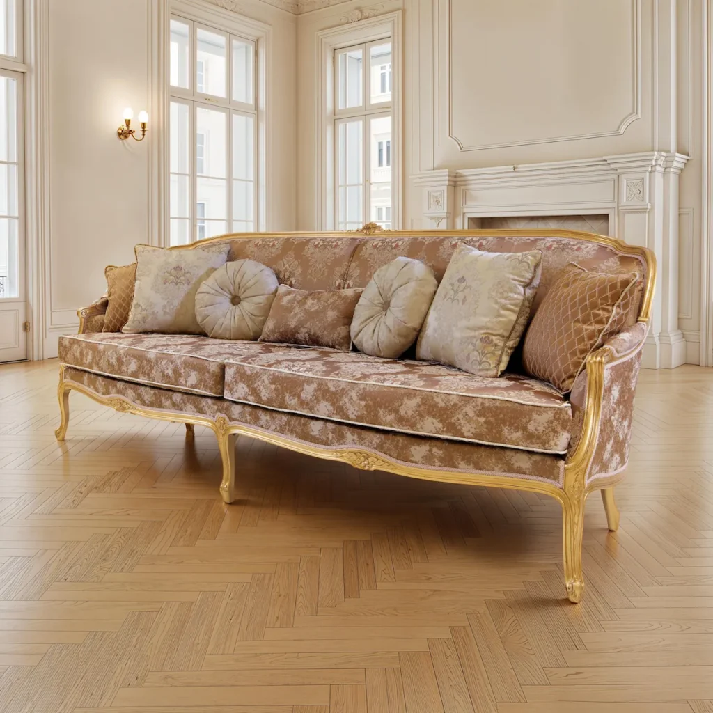 Divano barocco classico a tre posti con struttura in legno intagliato a mano e finitura in foglia oro, rivestito in tessuto damascato beige con cuscini decorativi coordinati