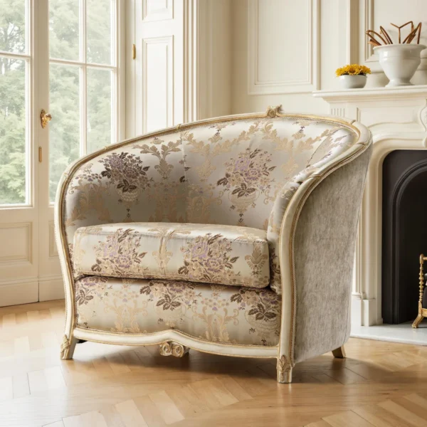 Luxury classic armchair with gold damask upholstery and handcrafted details