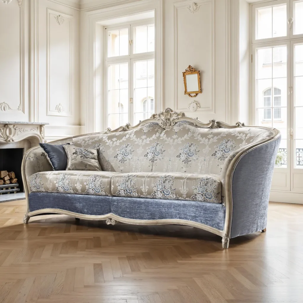 Divano di lusso in stile classico a tre posti con schienale intagliato, tessuto damascato beige e base in velluto blu