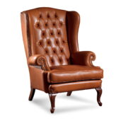 Poltrona wingback in pelle color cognac, schienale capitonné, braccioli arrotolati, profilo con borchie e gambe a cabriole in legno.