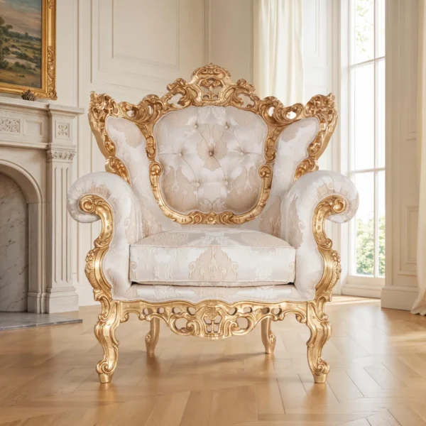 Luxury baroque armchair with gold carvings and damask upholstery, perfect for elegant interiors