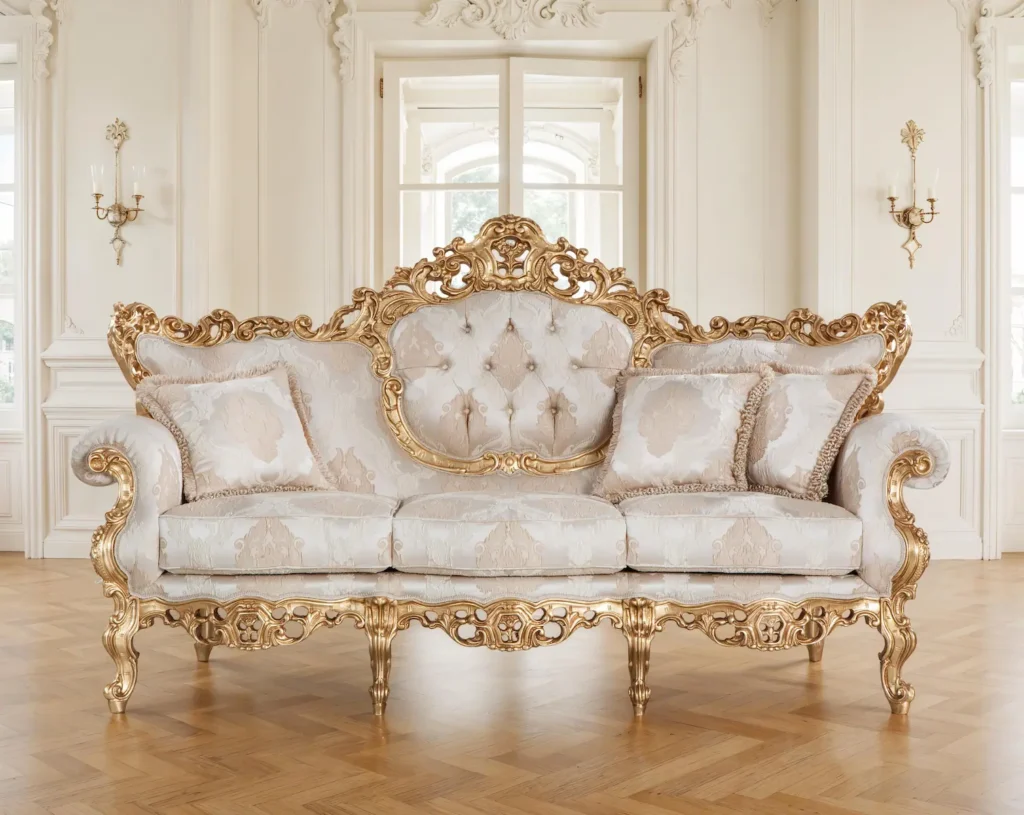 Divano barocco di lusso con intagli dorati e rivestimento damascato crema, perfetto per ambienti eleganti