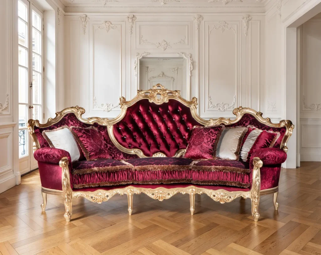 Divano barocco di lusso con intagli dorati e rivestimento in velluto rosso, perfetto per ambienti eleganti