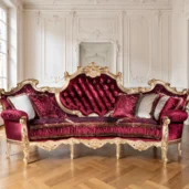 Divano barocco di lusso con intagli dorati e rivestimento in velluto rosso, perfetto per ambienti eleganti