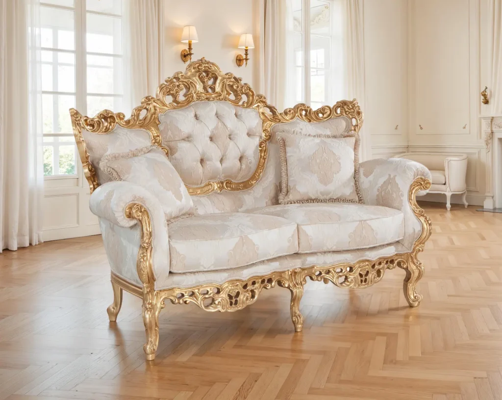 Divano barocco di lusso con intagli dorati e rivestimento damascato, perfetto per ambienti eleganti
