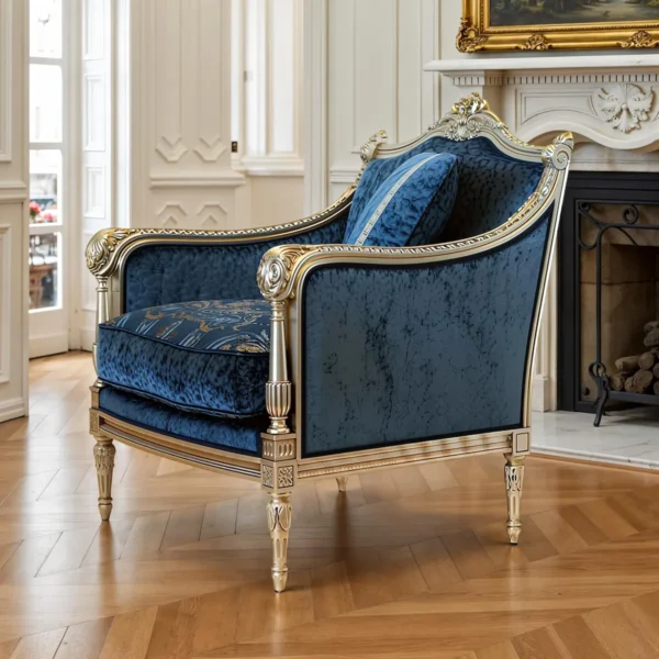 Classic blue velvet armchair with gold frame and ornate decorations