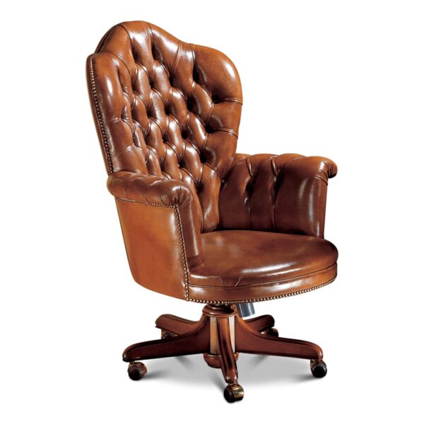 Brown leather executive office chair with tufted back, padded arms, wooden swivel base on casters and nailhead trim – Marzorati