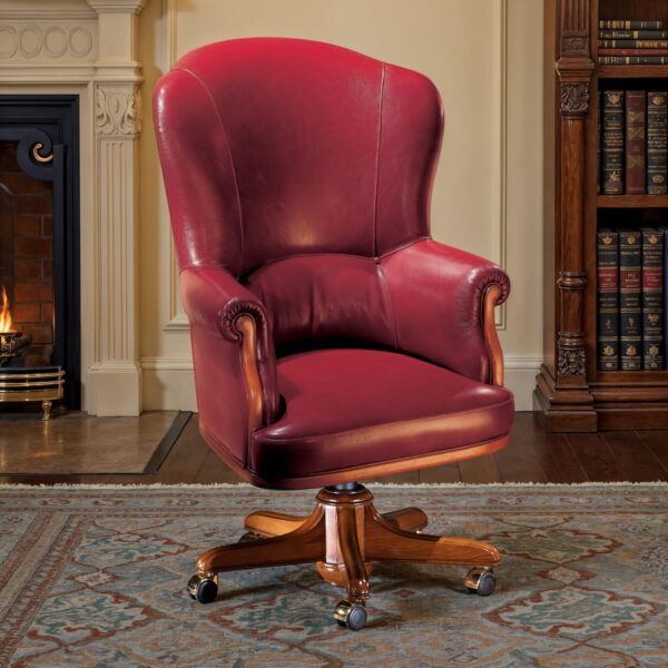 Marzorati executive burgundy leather office armchair with contoured high back, rolled arms and five‑star wooden swivel base on casters.