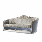 Divano di lusso in stile classico a tre posti con schienale intagliato, tessuto damascato beige e base in velluto blu