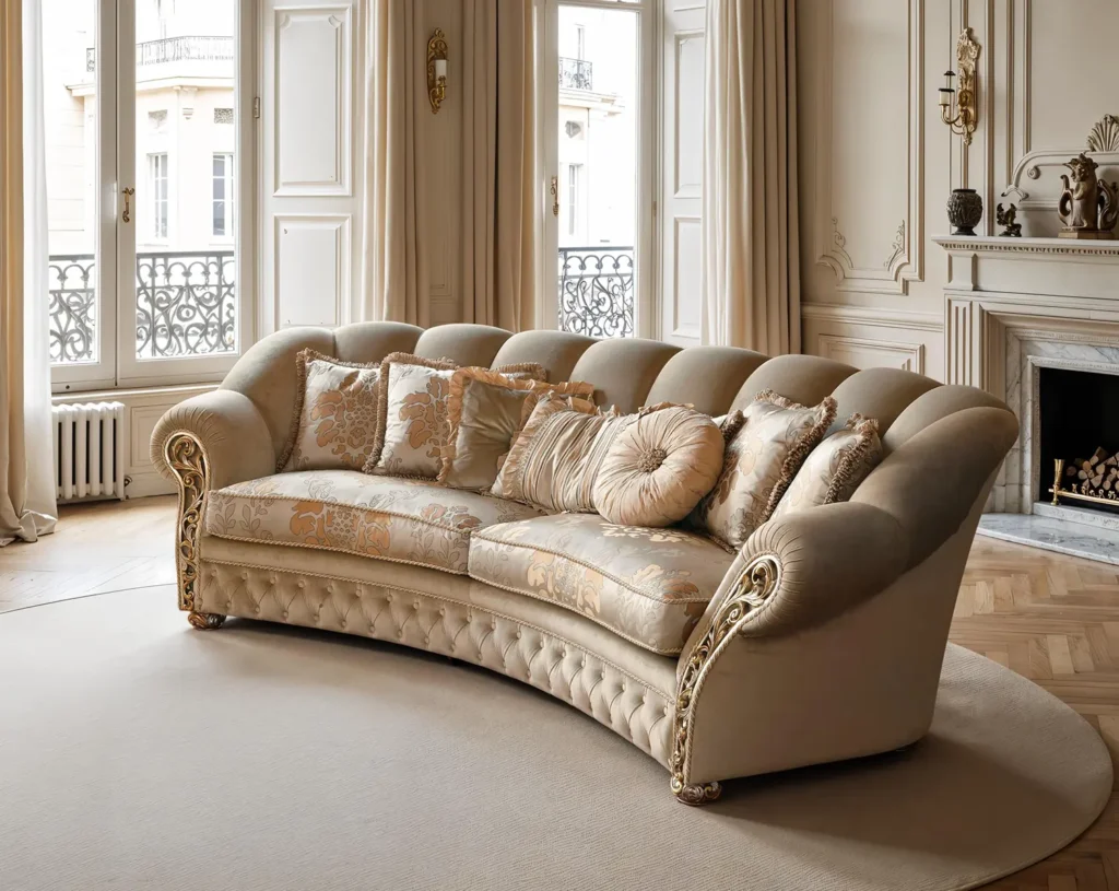 Divano curvo elegante in stile classico con tessuti decorati, base trapuntata e finiture dorate in un salotto raffinato