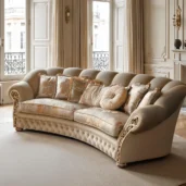 Elegant curved classic-style sofa with decorative fabric, tufted base, and golden accents in a refined living room
