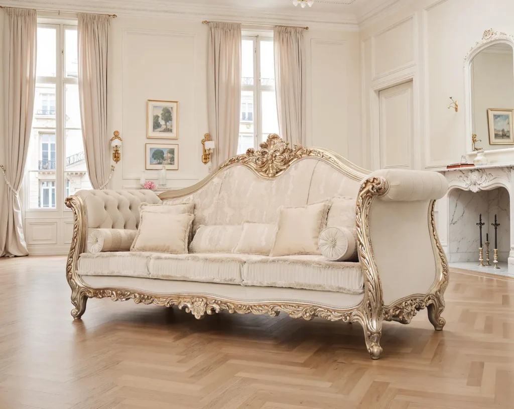Divano in stile barocco con intagli dorati e rivestimento in tessuto color crema in un elegante salone classico