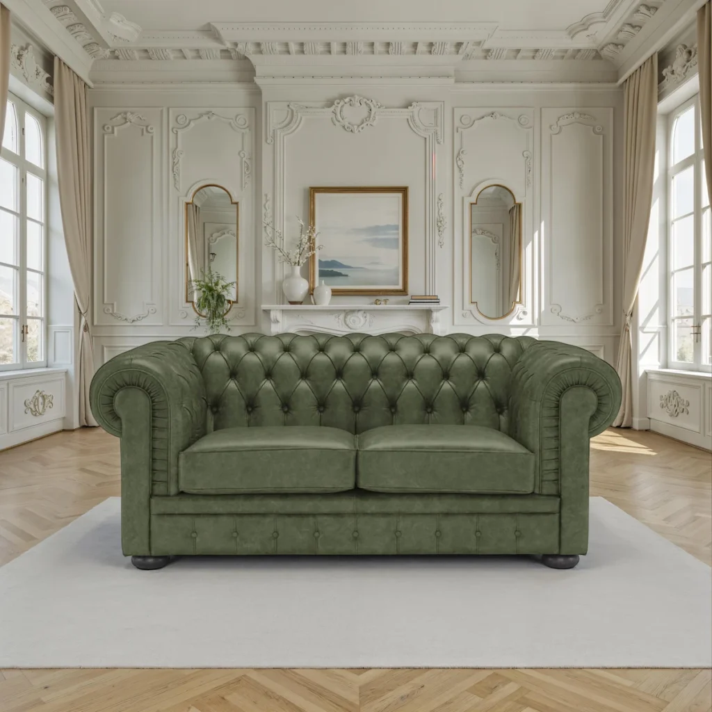 Luxury green leather Chesterfield sofa, classic design for elegant living rooms